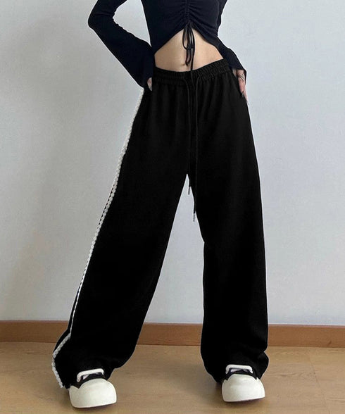 スウェットパンツサイドレースラインパンツ レディース ハイウエスト リラックスパンツ ウエストゴム ワイドパンツ ゆったり イージーパンツ 体型カバー ズボン秋冬 24BDMS-017